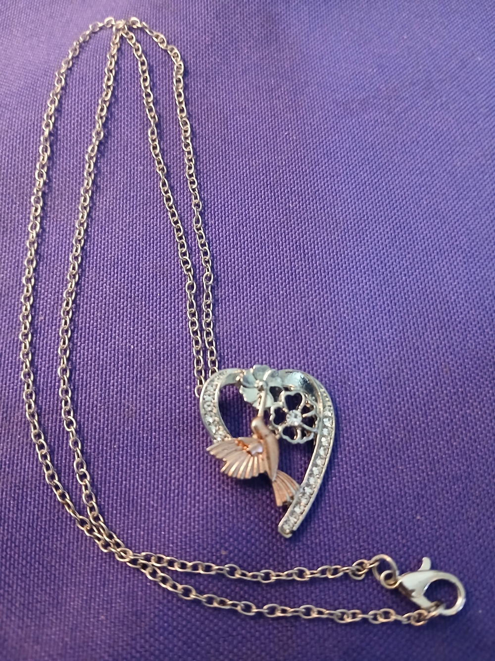 Two-Tone Heart Pendant Necklace with Rose Gold Bird and Clear Stones